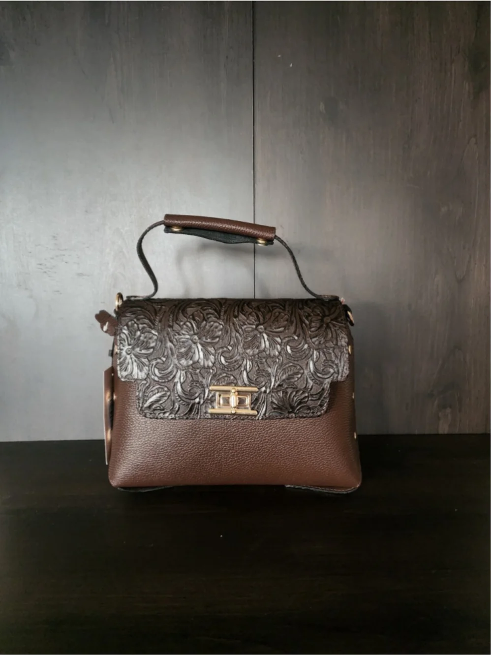 Chocolate Brown Floral Studded Embossed Artisan LEATHER Purse Handbag Crossbody